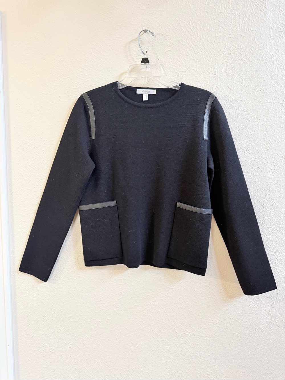 Max Mara black crew neck wool/leather sweater